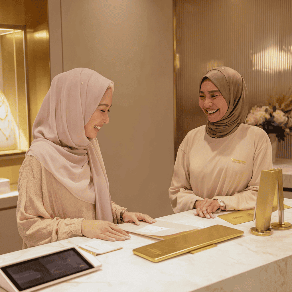 Perkhidmatan kami di Emas Bonda. Pelanggan berurusan dengan staf Emas Bonda untuk jual emas terpakai dengan harga tinggi secara telus dan mesra.