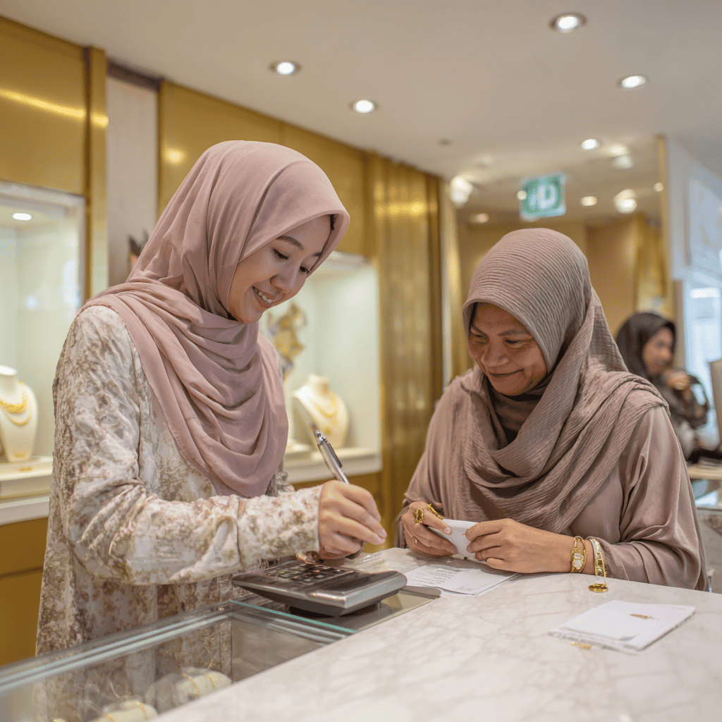 Staf Emas Bonda mesra membantu pelanggan wanita mengira nilai emas terpakai untuk jual beli.
