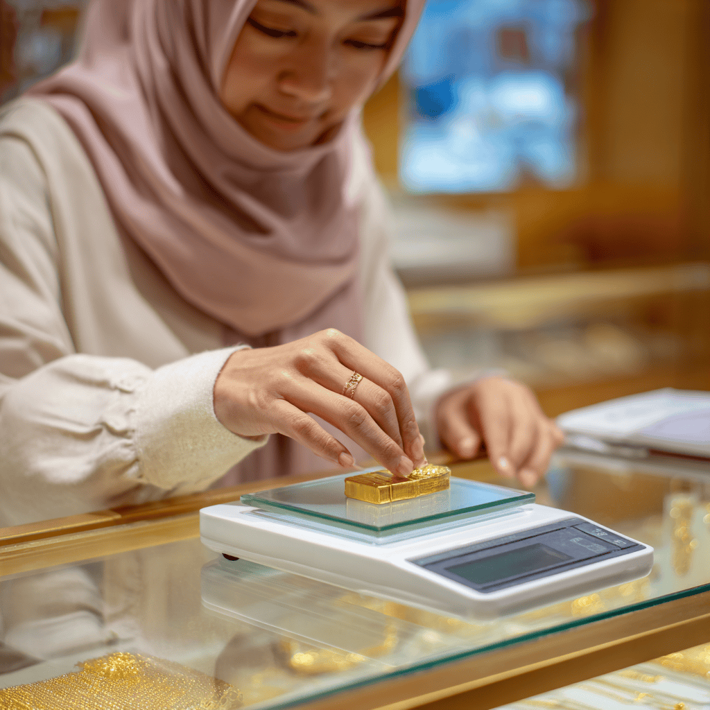 Staf Emas Bonda sedang menimbang jongkong emas menggunakan penimbang digital sebagai sebahagian proses penilaian emas terpakai.