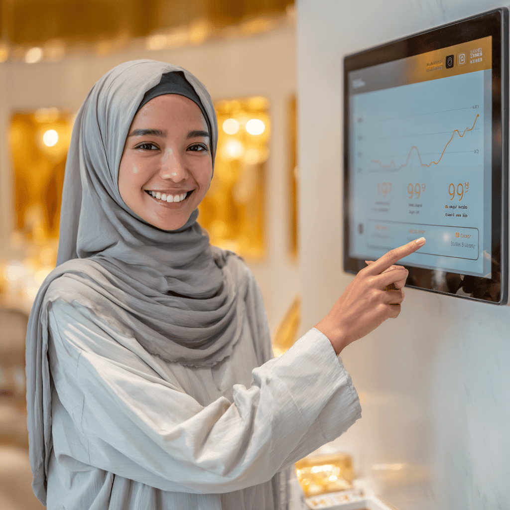 Staff Emas Bonda wanita Muslim sedang memeriksa harga emas semasa di skrin digital sambil tersenyum mesra. Hubungi kami di 019-958 5139
