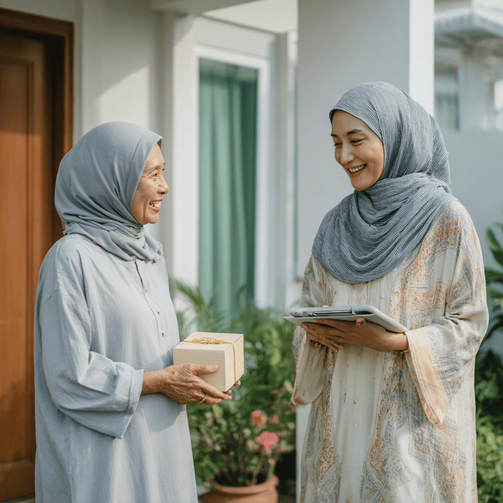 Staff Emas Bonda wanita Muslim tersenyum mesra bersama pelanggan selepas selesai urusan jual beli emas di hadapan rumah customer.