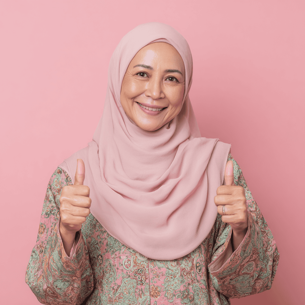 Puan Nadia dari Ampang memberikan dua ibu jari tanda puas hati dengan perkhidmatan jual beli emas dari Emas Bonda.