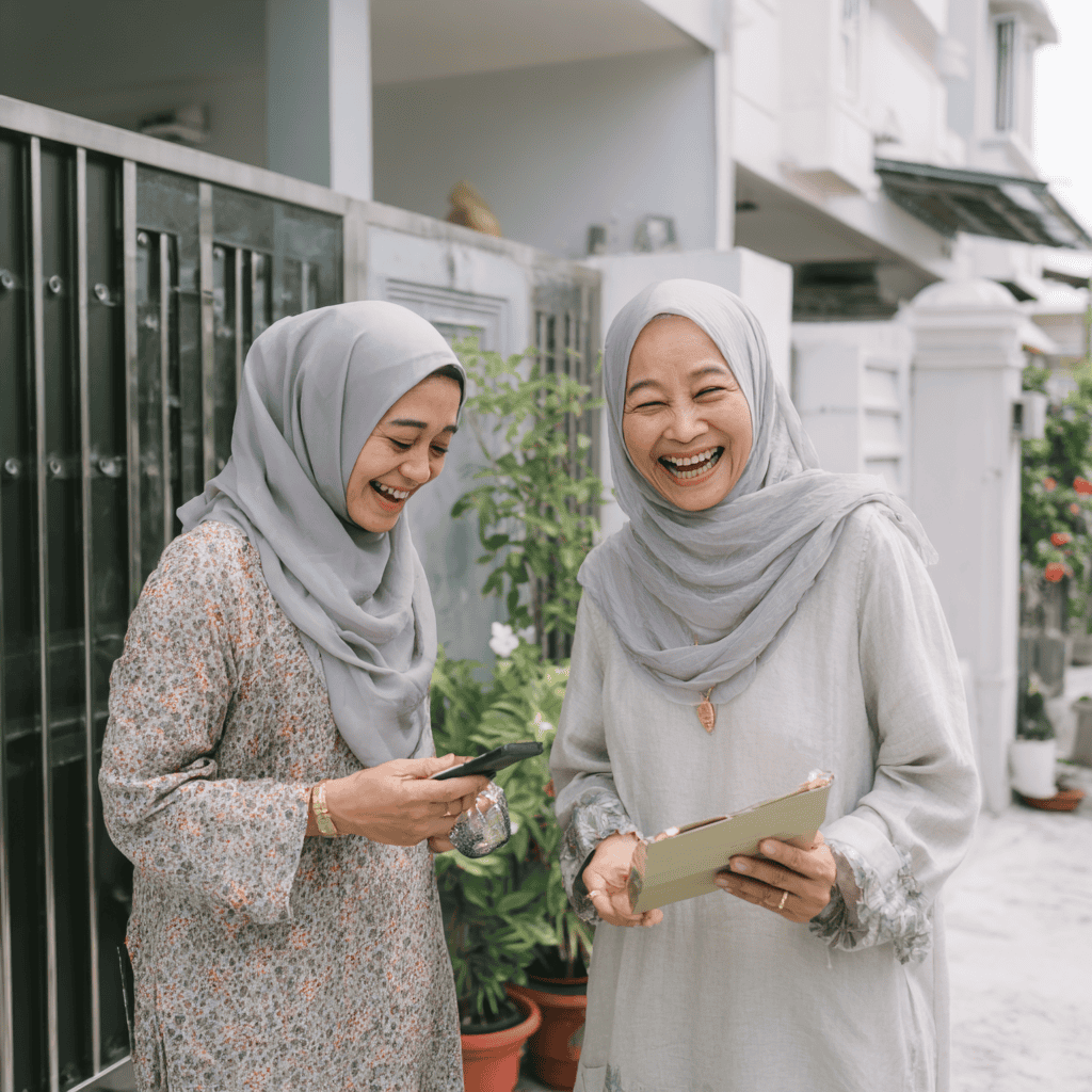 Mengenai kami. Staff Emas Bonda dan pelanggan wanita Muslim ketawa gembira selepas selesai urusan jual beli emas