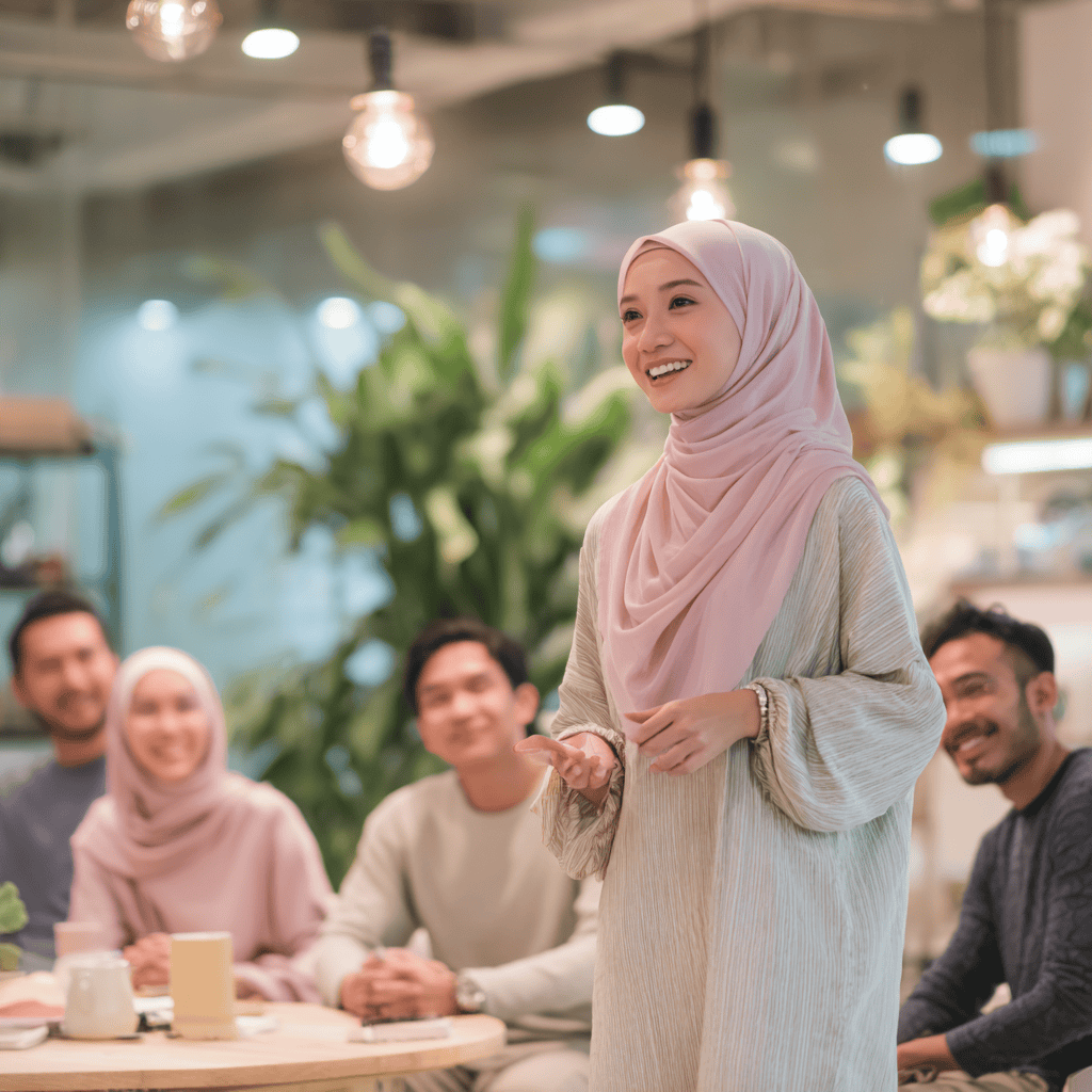 Staf wanita Emas Bonda memberi taklimat dengan yakin kepada ahli pasukan dalam suasana mesra dan profesional.