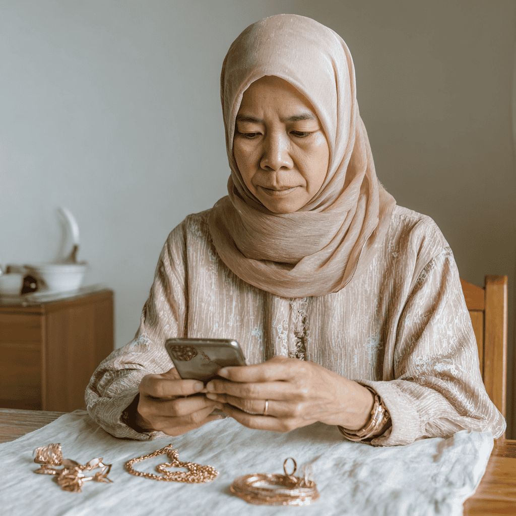 Pelanggan Emas Bonda sedang hantar gambar emas terpakai melalui telefon untuk semakan harga segera.