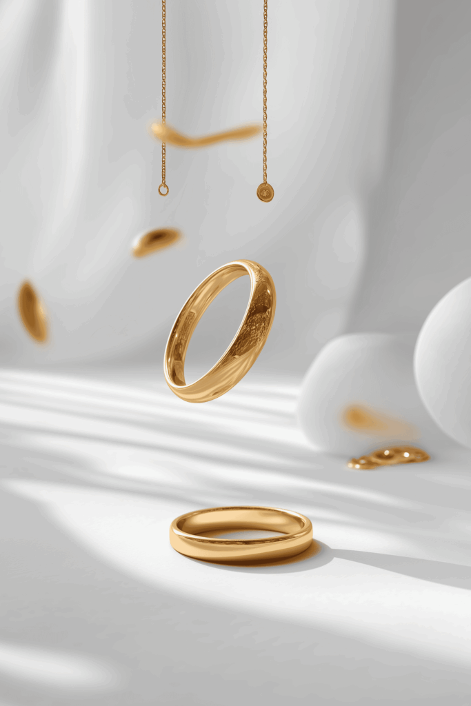 Cincin dan rantai emas bergaya moden terapung di latar putih minimalis, menggambarkan keindahan dan nilai elegan emas.